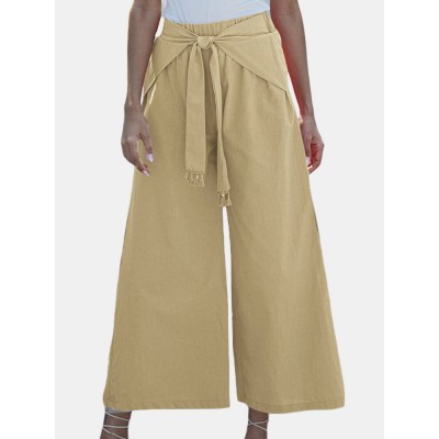 Solid Color Lace up Wide Legged Elastic Waist Cotton Pants Solid Color Lace up Wide Legged Elastic Waist Cotton Pants