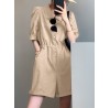 Solid Button Pocket Elastic Waist Lapel Short Sleeve Casual Romper