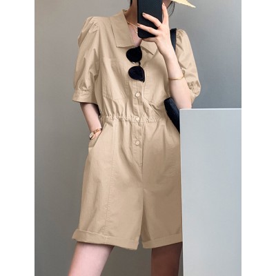 Solid Button Pocket Elastic Waist Lapel Short Sleeve Casual Romper Solid Button Pocket Elastic Waist Lapel Short Sleeve Casual Romper