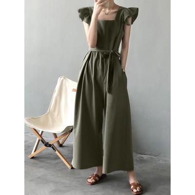 Solid Ruffle Sleeve Pocket Square Collar Wide Leg Jumpsuit Solid Ruffle Sleeve Pocket Square Collar Wide Leg Jumpsuit