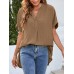 Solid Split Roll Sleeve High Low Hem Casual Blouse Solid Split Roll Sleeve High Low Hem Casual Blouse