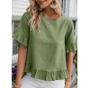 Solid Ruffle Round Neck Short Sleeve Casual Blouse