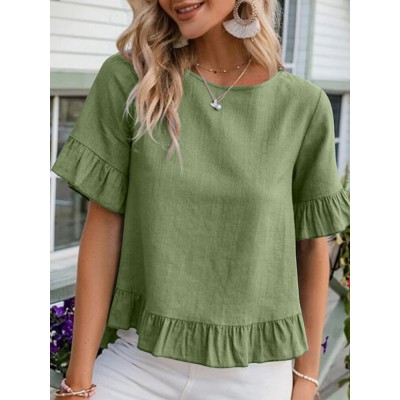 Solid Ruffle Round Neck Short Sleeve Casual Blouse Solid Ruffle Round Neck Short Sleeve Casual Blouse