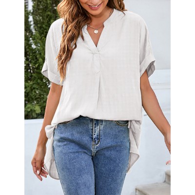 Solid Split Roll Sleeve High Low Hem Casual Blouse Solid Split Roll Sleeve High Low Hem Casual Blouse
