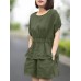 Leisure Solid Pocket Ruched High Low Hem Elastic Waist Cotton Suit Leisure Solid Pocket Ruched High Low Hem Elastic Waist Cotton Suit