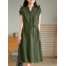 Solid Pocket Drawstring Waist Button V neck Short Sleeve Dress Solid Pocket Drawstring Waist Button V neck Short Sleeve Dress