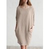 Solid Color 3 4 Sleeve O  neck Pocket Cotton Dress
