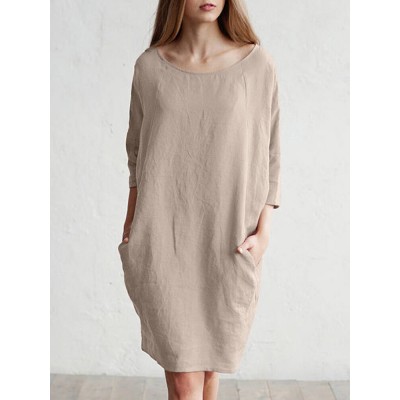 Solid Color 3 4 Sleeve O neck Pocket Cotton Dress Solid Color 3 4 Sleeve O neck Pocket Cotton Dress